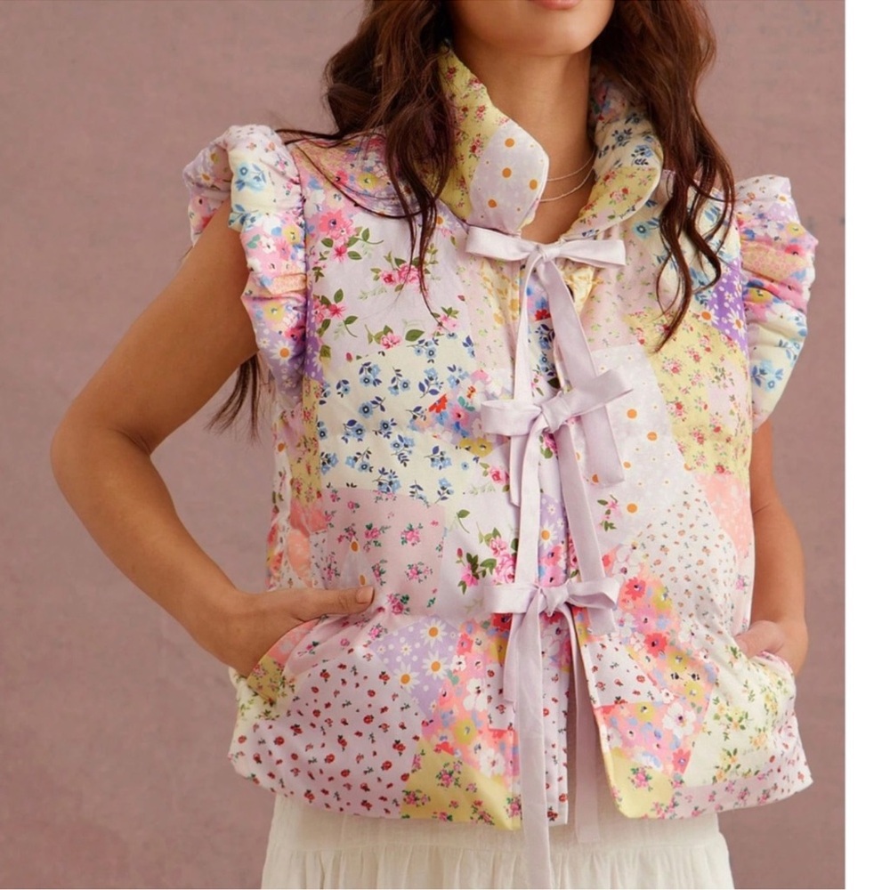 Boho Floral Print Front Tie Puff Sleeve Quilted Puffer Vest XS S M L XL
